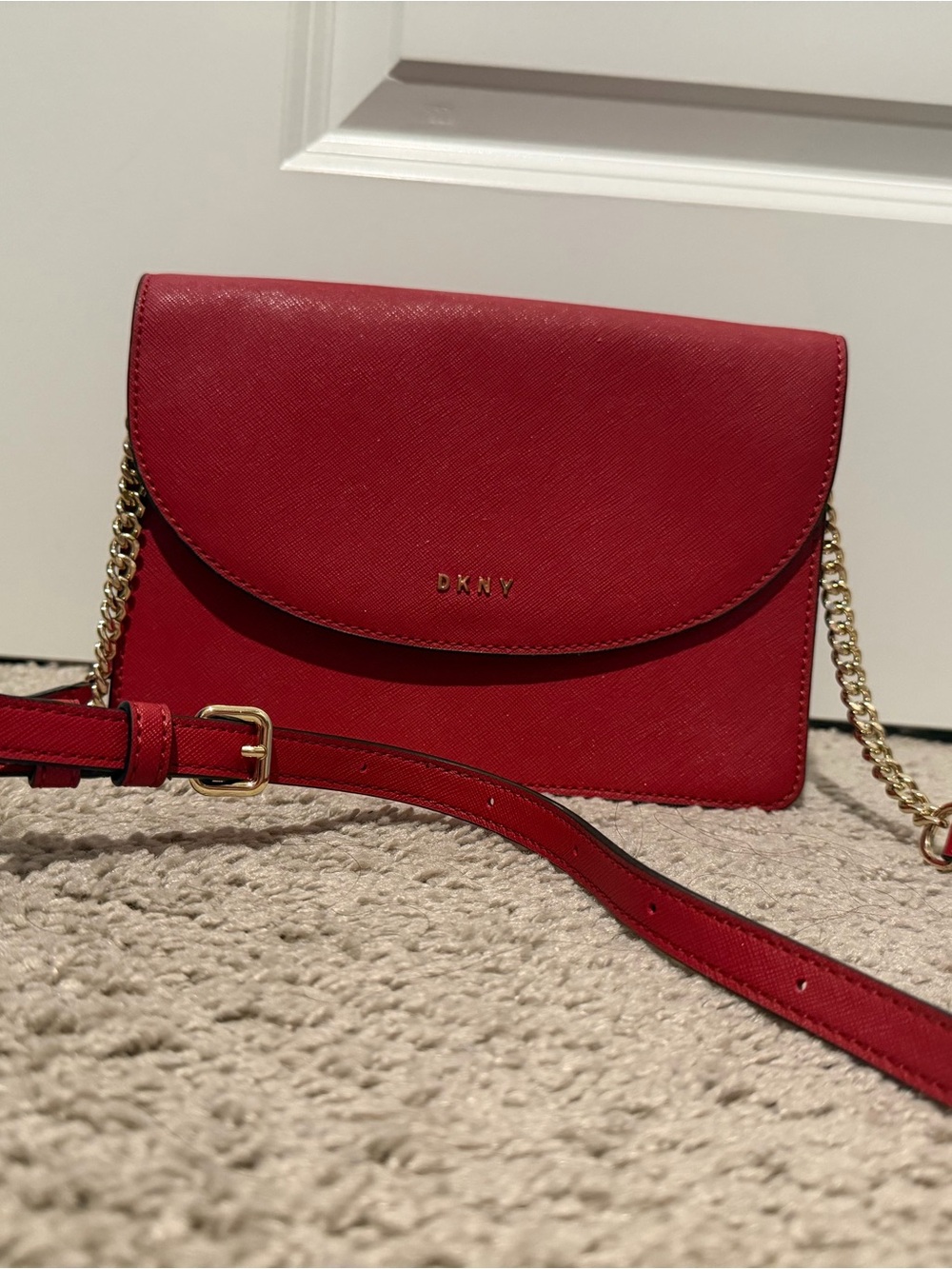 DKNY Red Saffiano Crossbody with Gold Chain